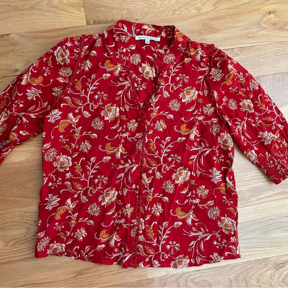 Anthropologie Saison de la Fleur red floral blouse